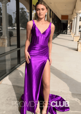 Fanny | Long Purple Prom Dresses Mermaid V Neck Satin with Slit - Purple - PromDressClub